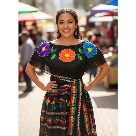 Mexican 3 piece set Blouse Cambaya skirt elastic waist and belt or mini rebozo - Picture 11 of 12